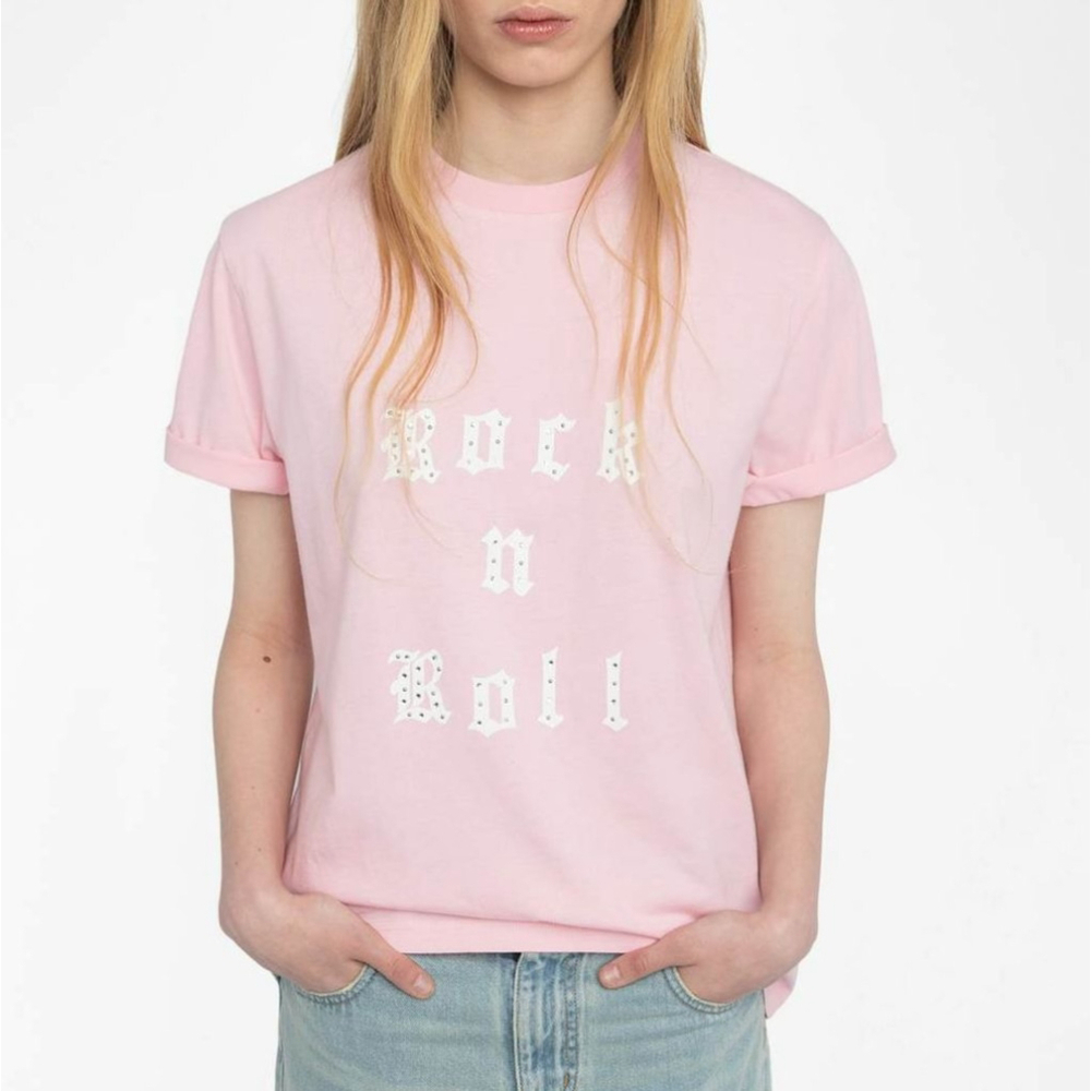 Zadig & Voltaire Edwin short sleeve tee candy pink rock n roll studded womens XS